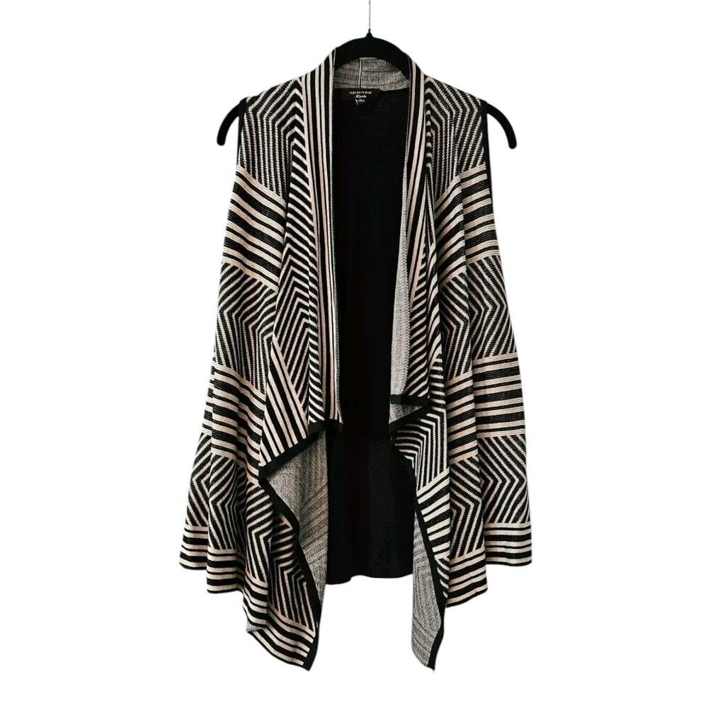 Spense Knits Womens Medium Open Front Waterfall Sweater Vest Black Beige Stripe